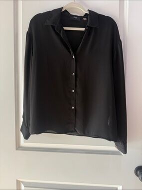 T Tahari Black Button-Down Silk-Look Blouse